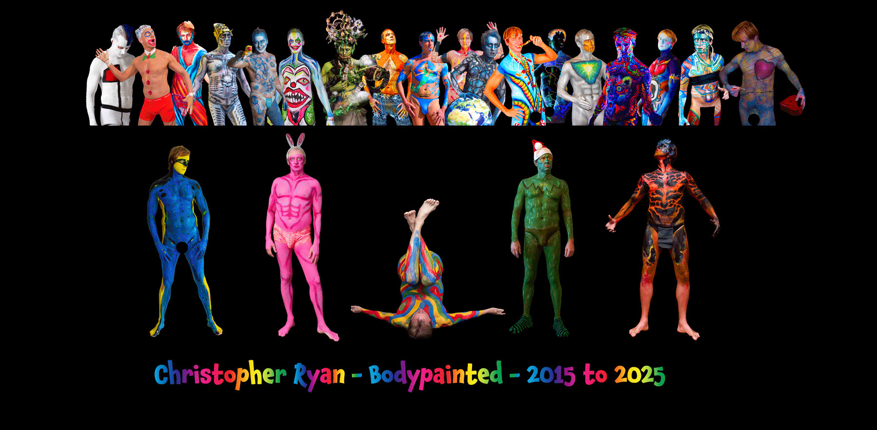Composite of Christopher Ryan bodypainted by various artists from 2015 to 2025, full figures on black background