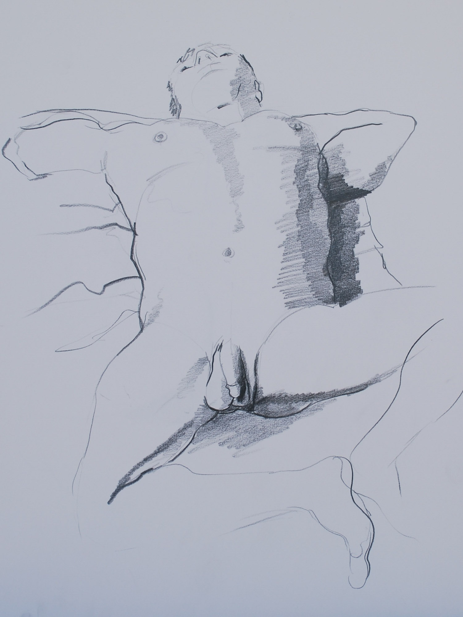 Graphite and charcoal figure study of Christopher Ryan, reclining pose