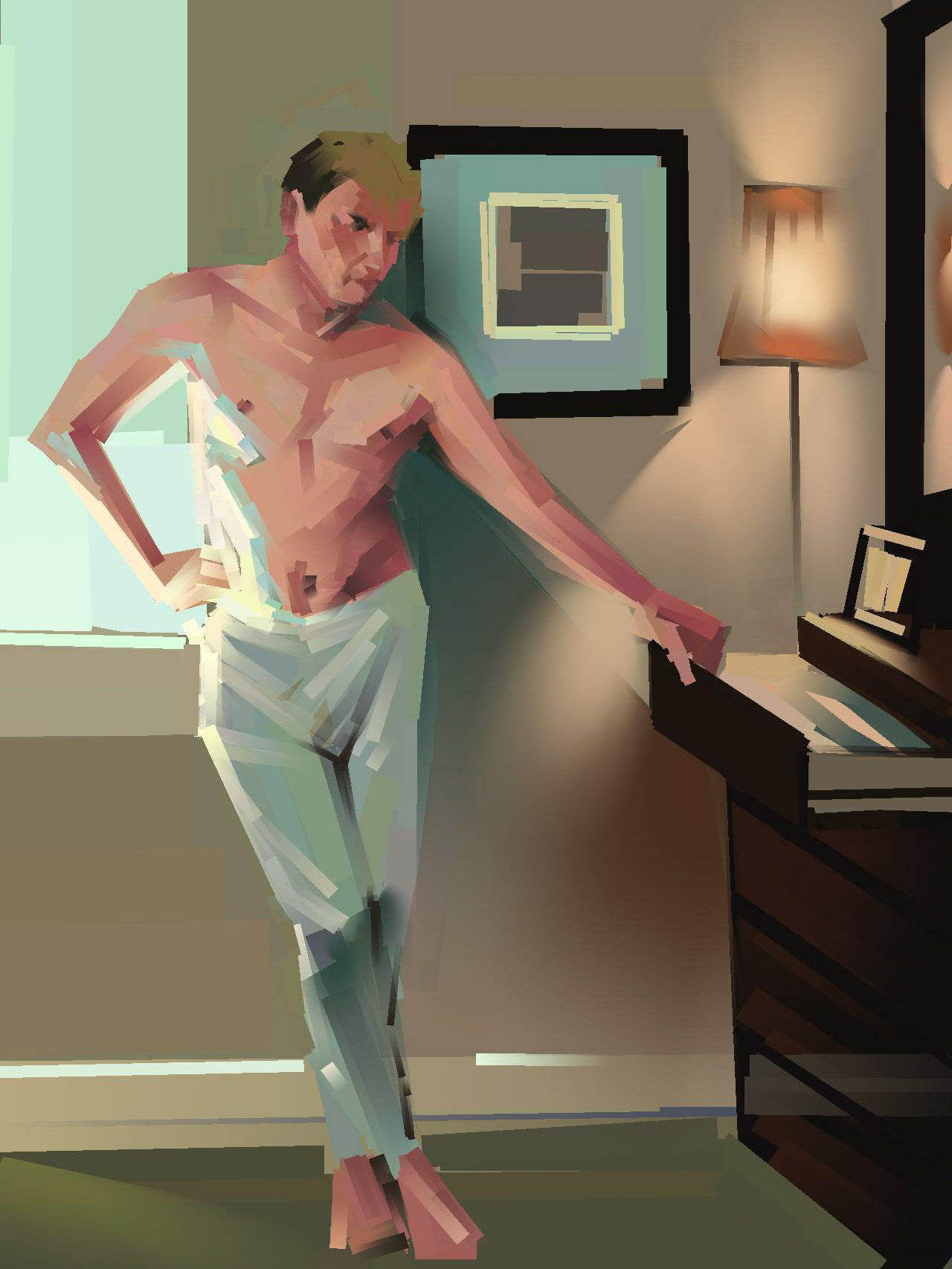 Pastel painting of Christopher Ryan as a standing figure in an interior scene