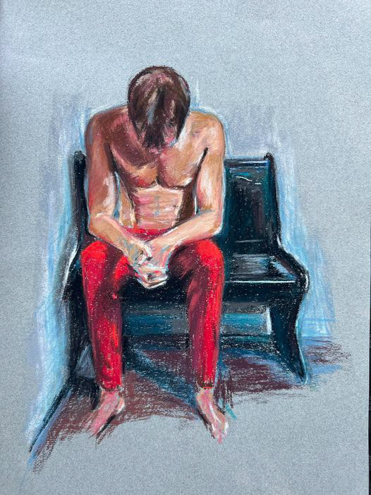 Pastel figure study of Christopher Ryan, seated pose in cool tones