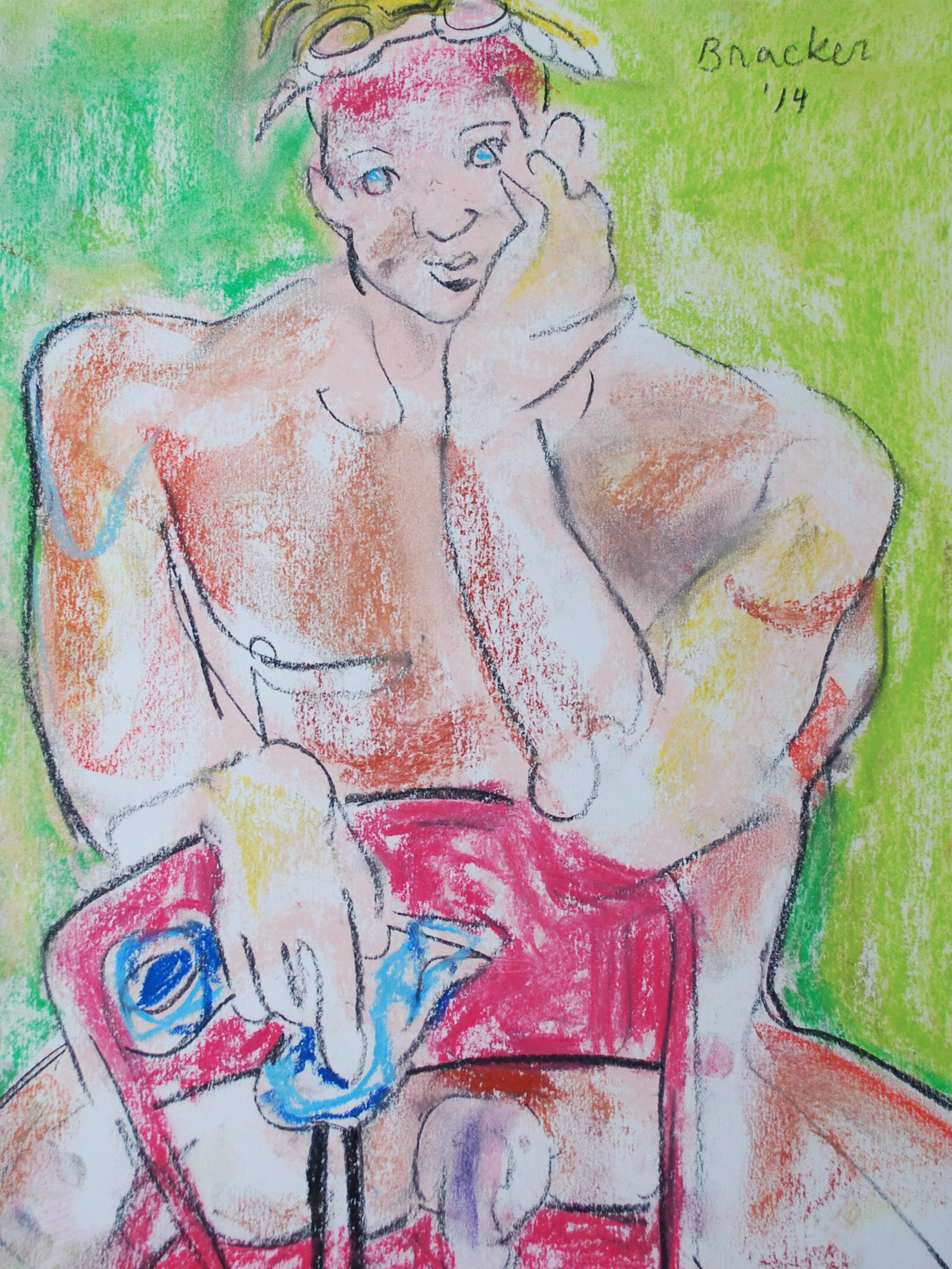 Pastel figure study of Christopher Ryan, seated pose with vivid color palette