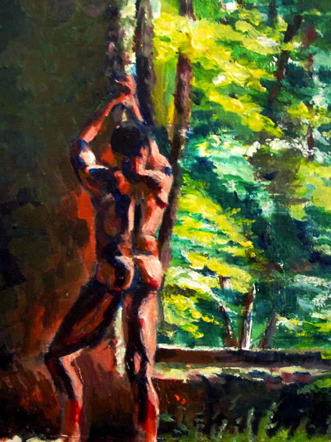 Oil painting of Christopher Ryan as a standing figure in a wooded setting