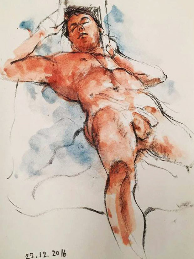 Watercolor and ink figure study of Christopher Ryan, reclining pose
