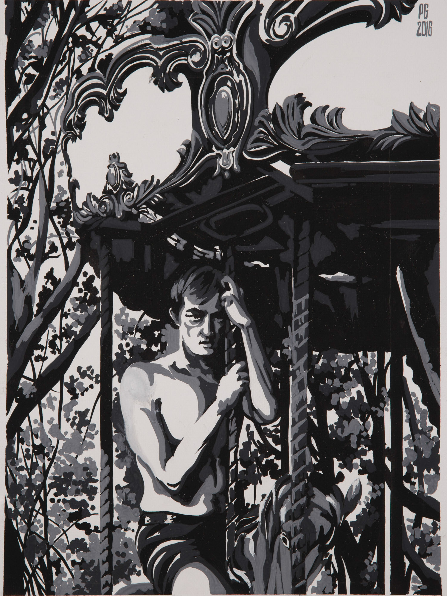 Ink illustration of Christopher Ryan as a standing figure in an architectural setting