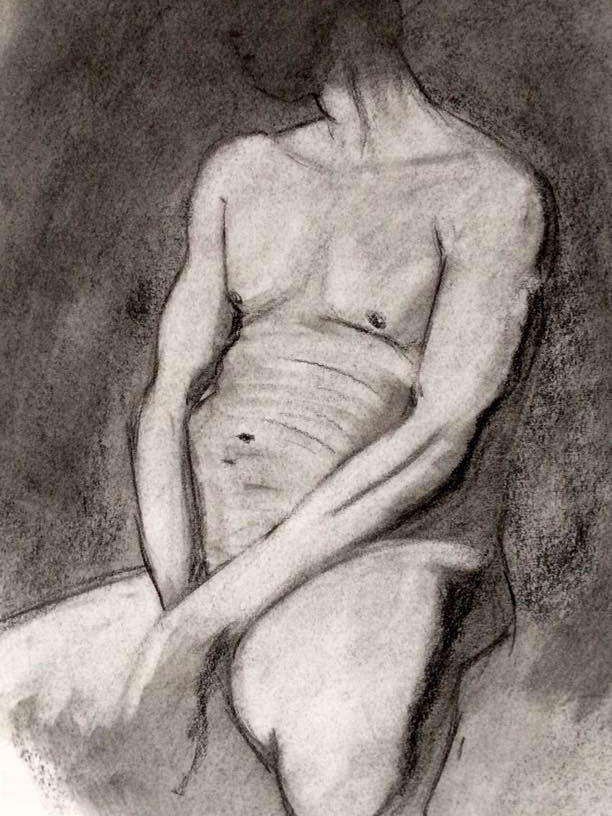 Charcoal figure study of Christopher Ryan, seated pose in dramatic light