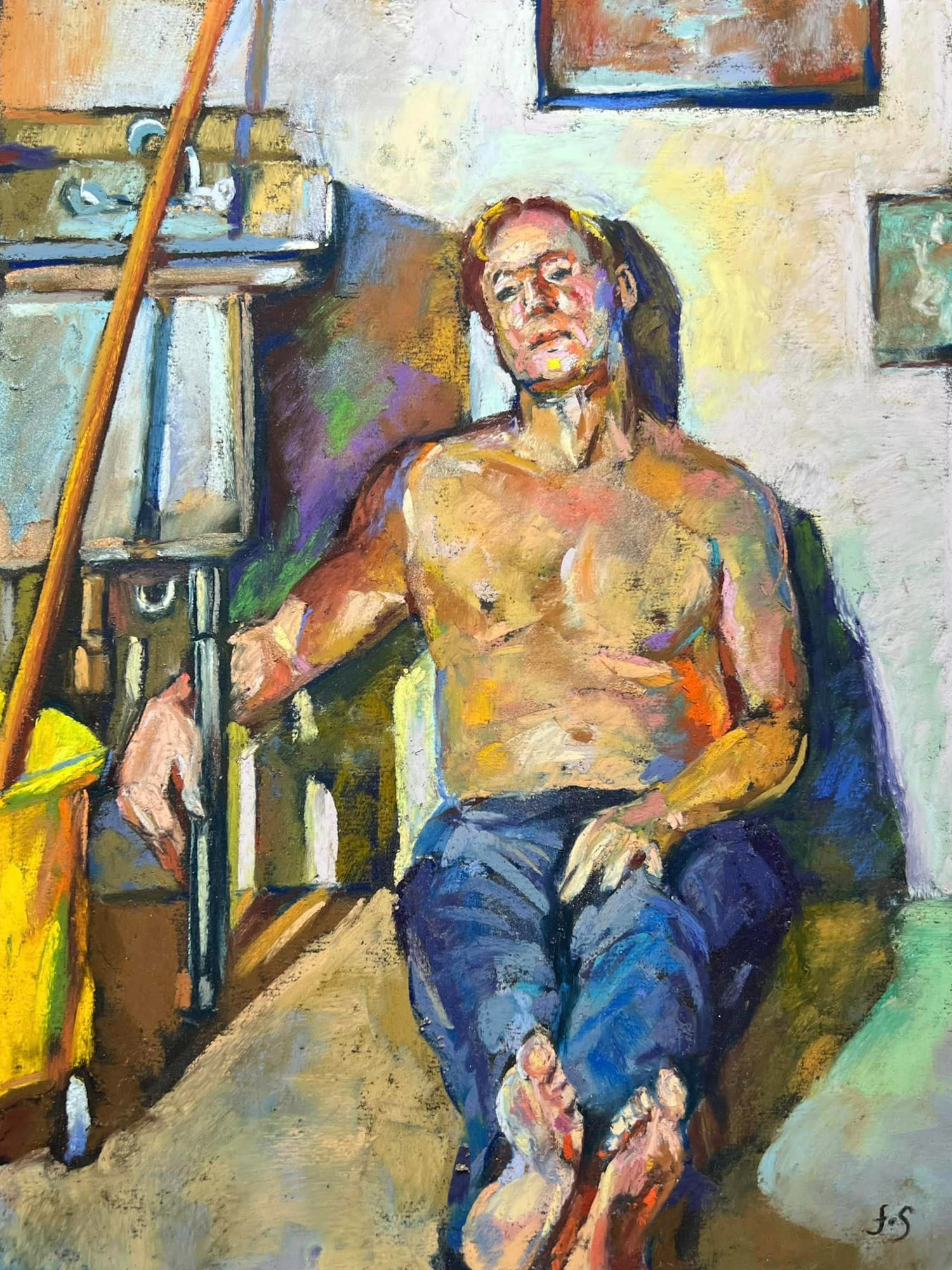 Pastel painting of Christopher Ryan seated in an artist's studio interior