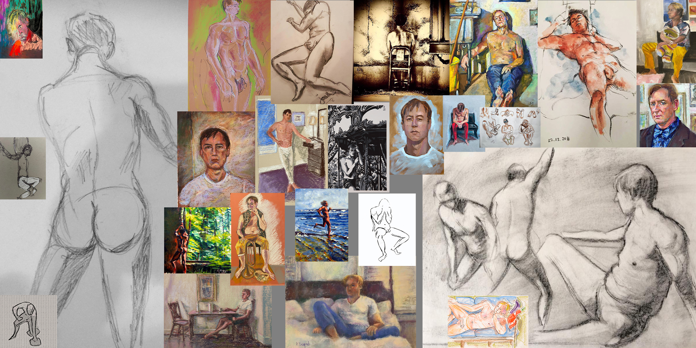 Composite of life-drawing artwork of Christopher Ryan across charcoal, pastel, oil, and ink, made by many artists over years of sessions